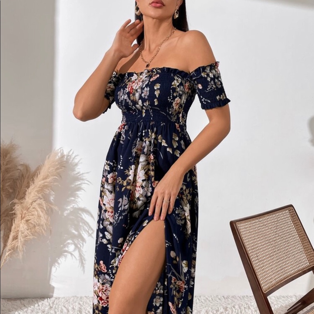 Off shoulder, shirred summer dress. Size Large, blue bandanna print